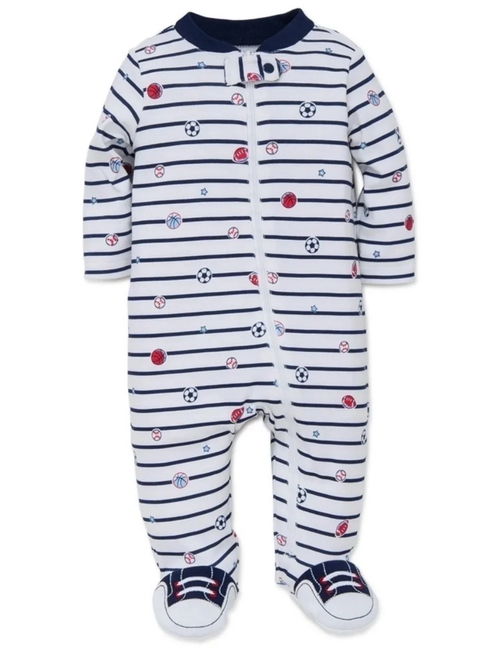 Little Me Navy Striped Sports 100% Cotton Sleeper Footie and Hat Set